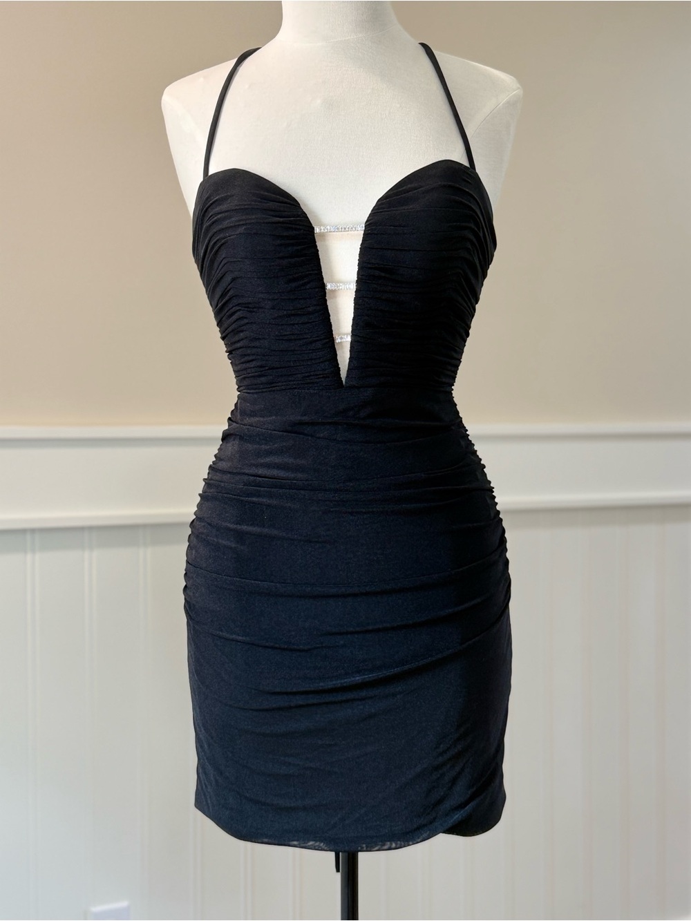 La Femme Black Ruched Halter Mini Dress with Rhinestone Ladder - homecoming